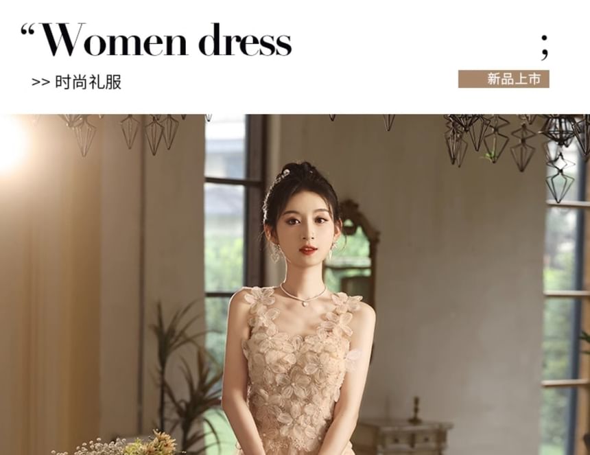 Wide Floral Evening A-Line Strap Gown