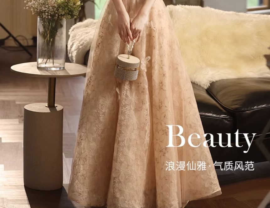 Floral Wide Gown Strap Evening A-Line