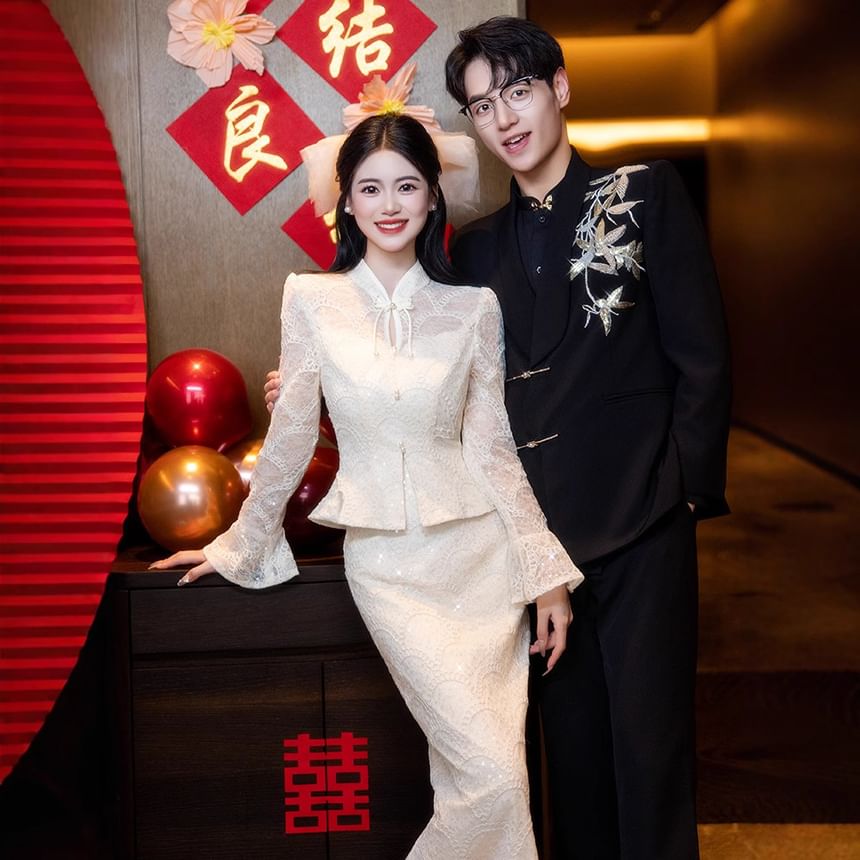 Pencil + Lace Buttoned Top Set: Button-Up Waist Frog Midi Long-Sleeve High Skirt