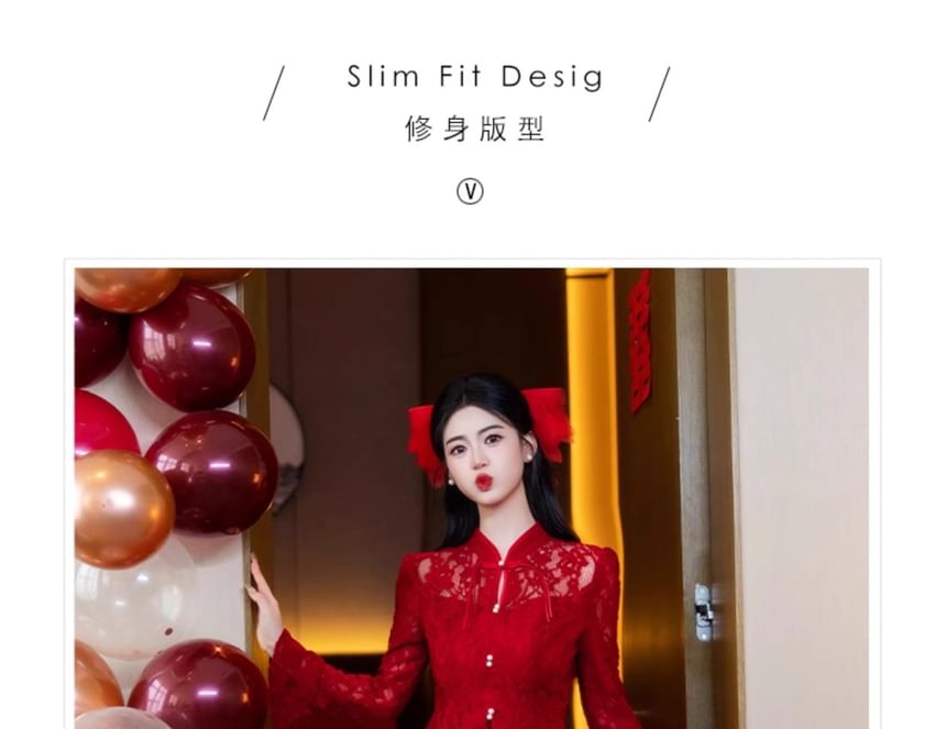 Pencil + Lace Buttoned Top Set: Button-Up Waist Frog Midi Long-Sleeve High Skirt