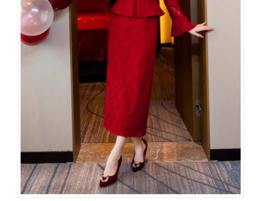 Pencil + Lace Buttoned Top Set: Button-Up Waist Frog Midi Long-Sleeve High Skirt