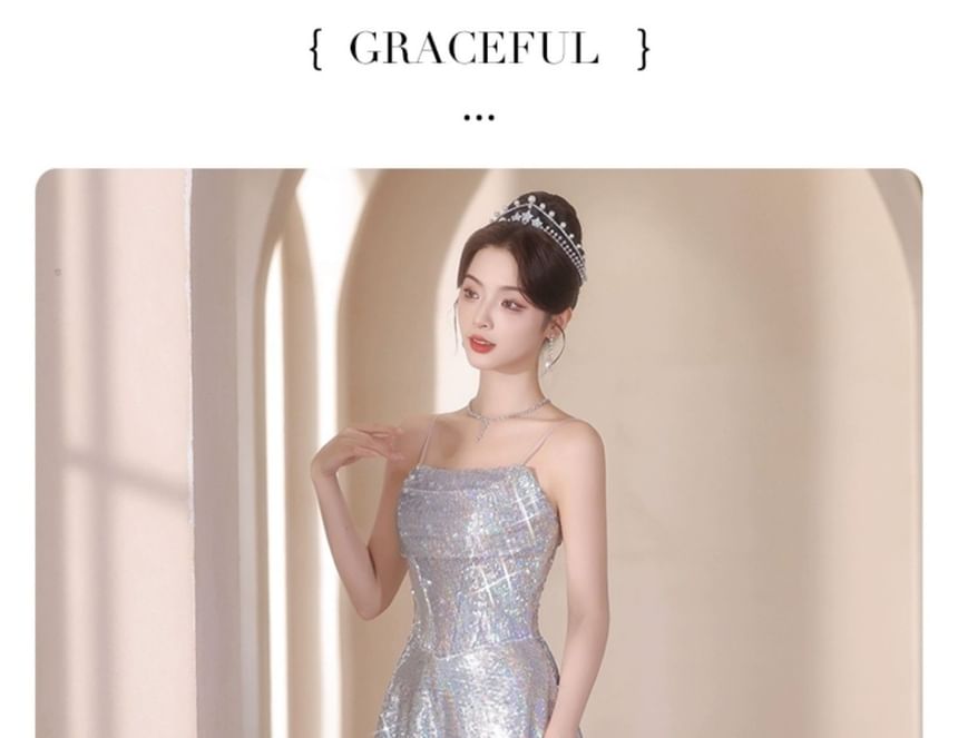 Strap Spaghetti Sequined A-Line Gown Evening