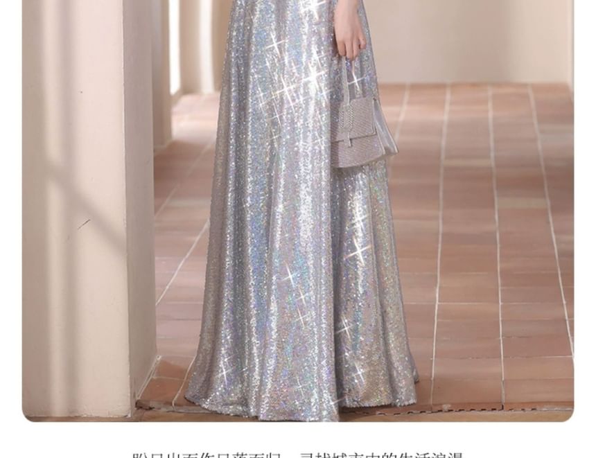 Strap Spaghetti Sequined A-Line Gown Evening