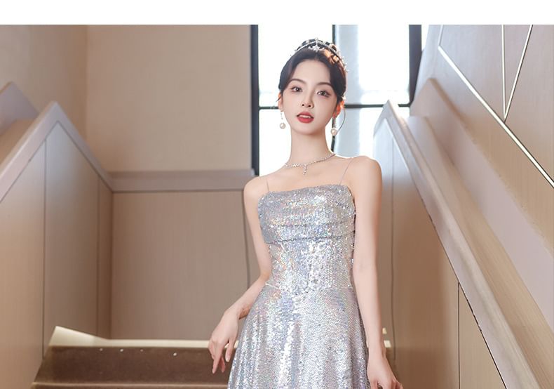 Strap Spaghetti Sequined A-Line Gown Evening