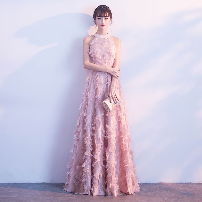 Halter-Neck Gown Evening Feather A-Line