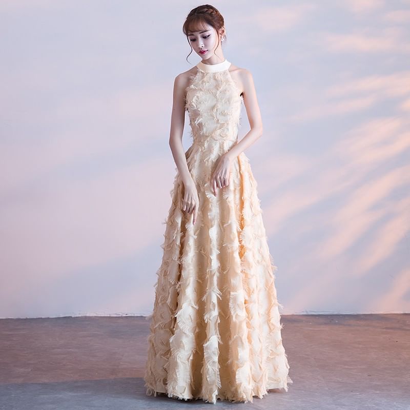 Halter-Neck Gown Evening Feather A-Line