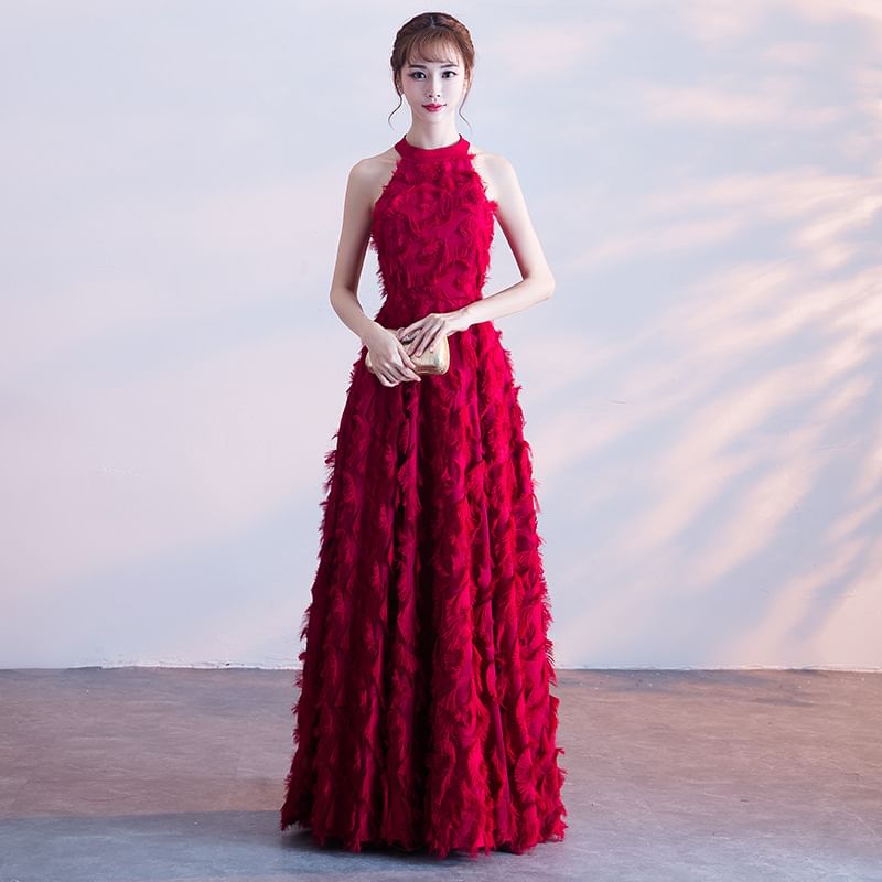 Halter-Neck Gown Evening Feather A-Line