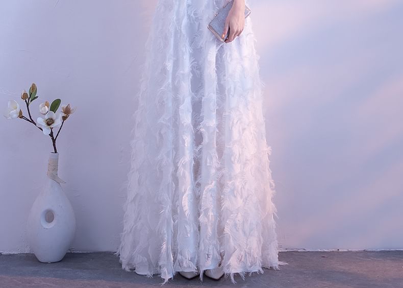 Halter-Neck Gown Evening Feather A-Line