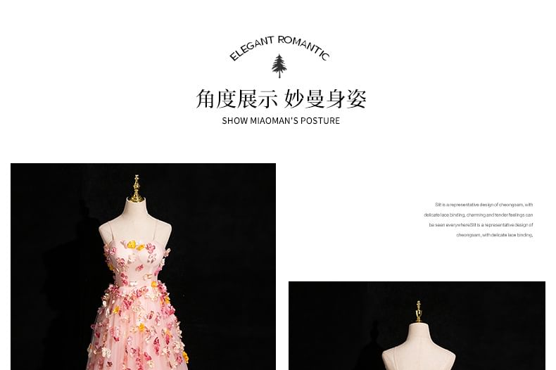 Spaghetti A-Line Mesh Applique Strap Gown Floral Evening