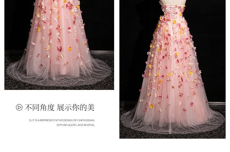 Spaghetti A-Line Mesh Applique Strap Gown Floral Evening