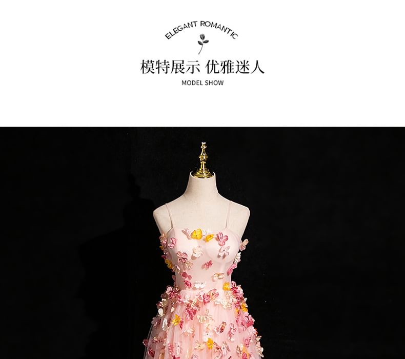 Evening A-Line Mesh Floral Applique Spaghetti Gown Strap