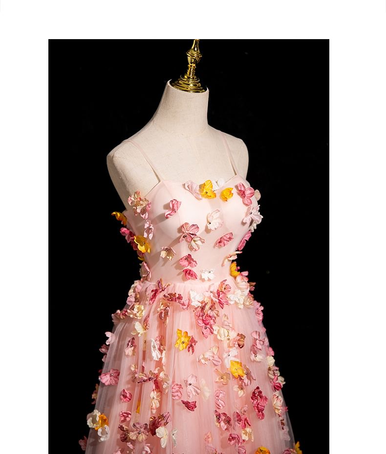 Spaghetti A-Line Mesh Applique Strap Gown Floral Evening