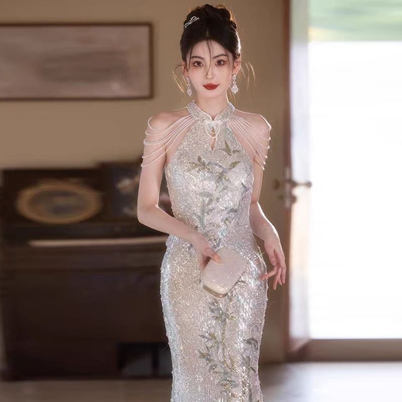 Gown Sequined Evening Floral Cold-Shoulder Mermaid