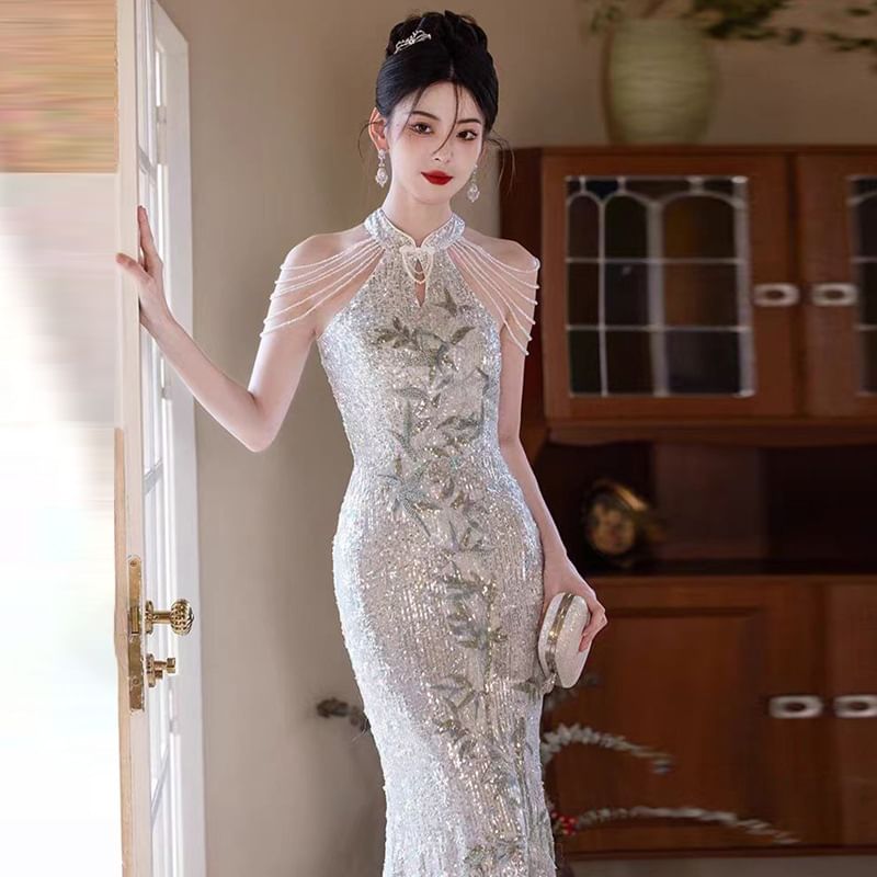 Gown Sequined Evening Floral Cold-Shoulder Mermaid