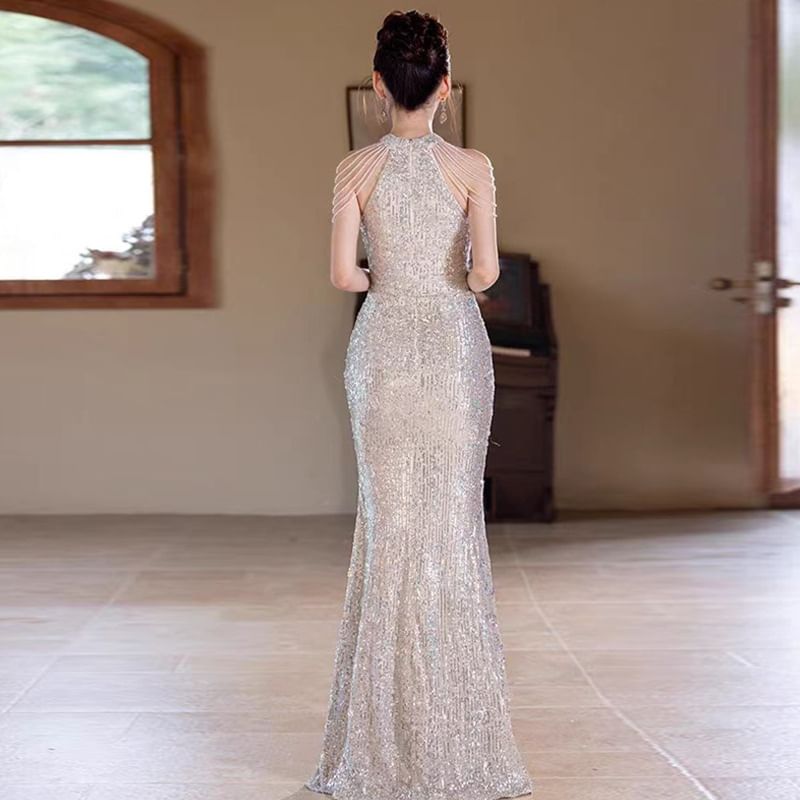 Gown Sequined Evening Floral Cold-Shoulder Mermaid