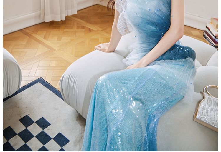 One Sequined Shoulder Ombre Mermaid Gown Evening