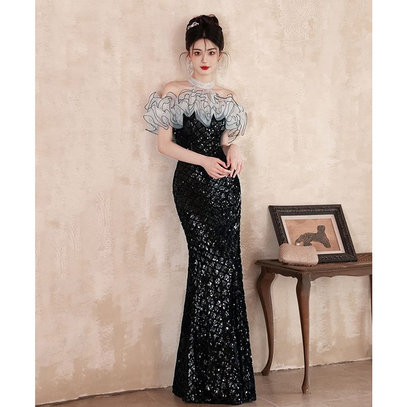 Sequined Gown Ruffled Evening Off-Shoulder Mermaid