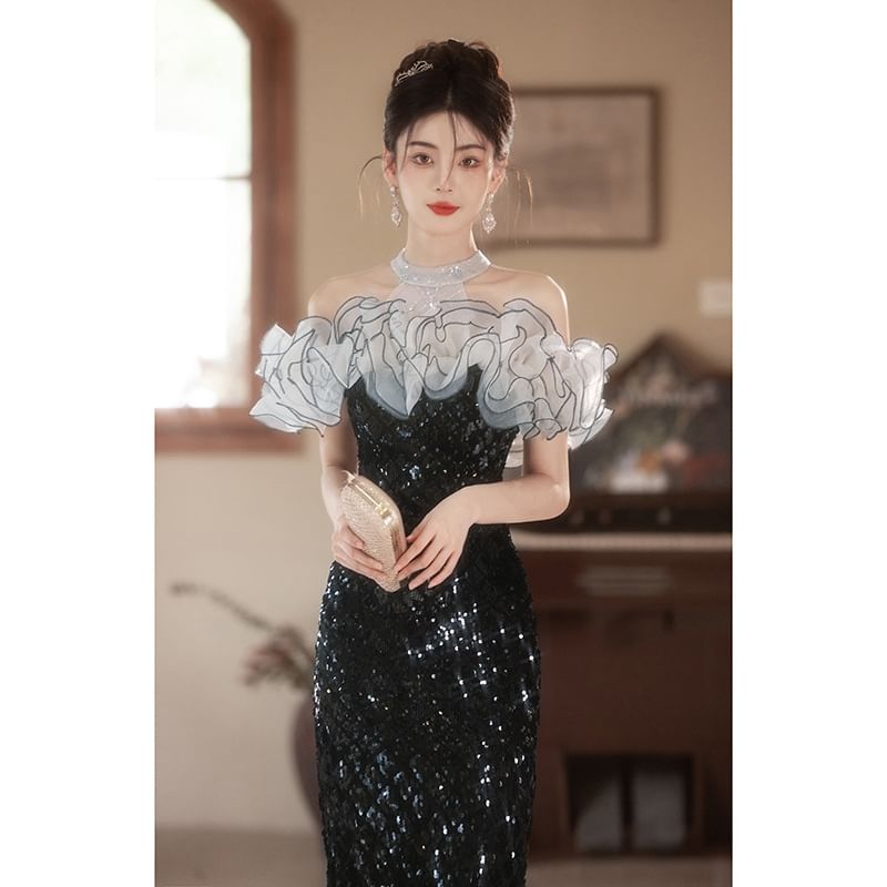 Sequined Gown Ruffled Evening Off-Shoulder Mermaid