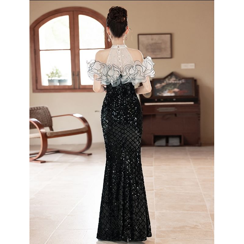Sequined Gown Ruffled Evening Off-Shoulder Mermaid