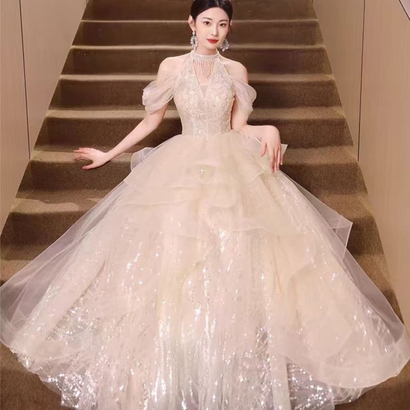 Sequined Ruffled Cold-Shoulder Evening A-Line Gown