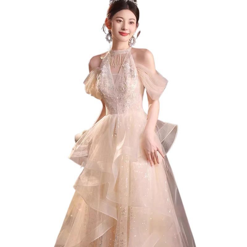 Sequined Ruffled Cold-Shoulder Evening A-Line Gown