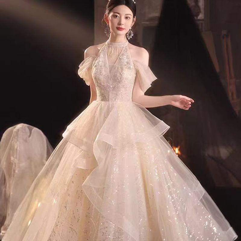 Evening Sequined A-Line Gown Ruffled Cold-Shoulder