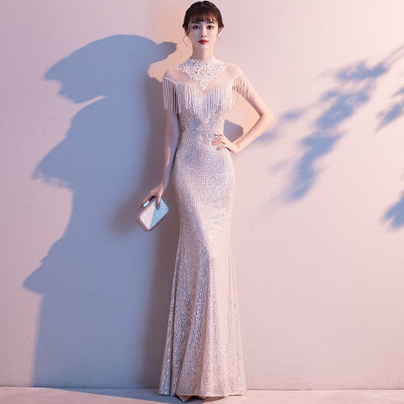 Neck Short-Sleeve Sequined Evening Gown High Mermaid Fringe