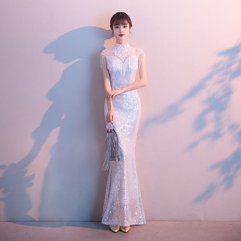 Neck Short-Sleeve Sequined Evening Gown High Mermaid Fringe