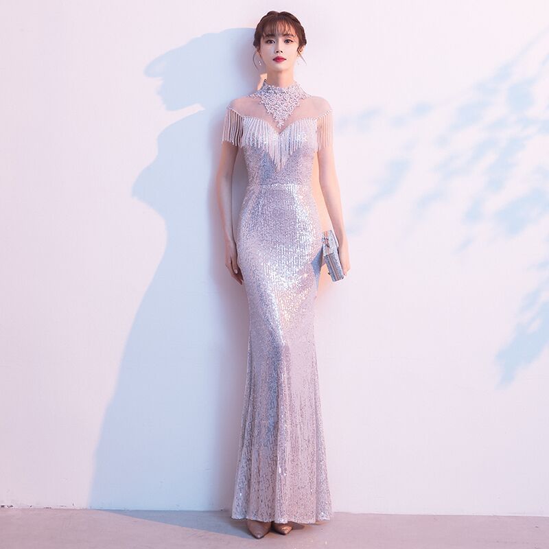 Neck Short-Sleeve Sequined Evening Gown High Mermaid Fringe