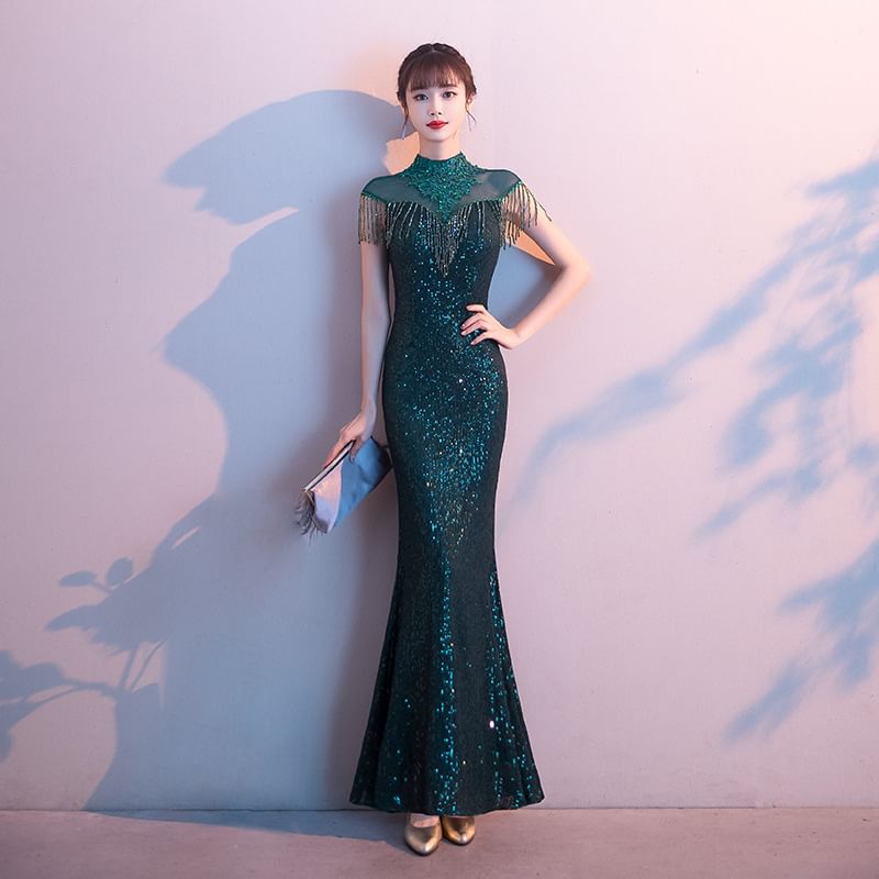 Neck Short-Sleeve Sequined Evening Gown High Mermaid Fringe