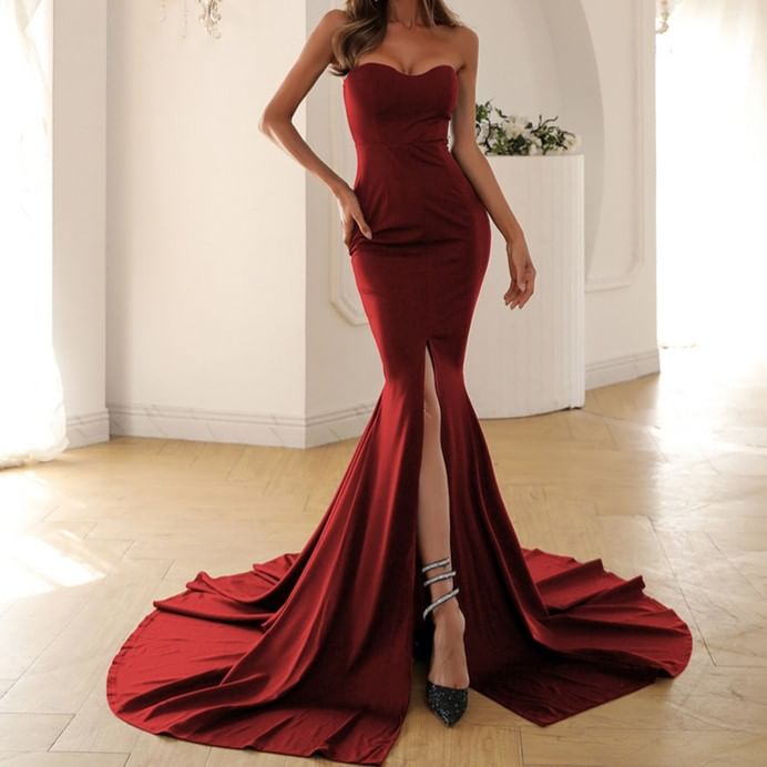 Plain Slit Evening Mermaid Trained Sweetheart Gown Strapless Neckline