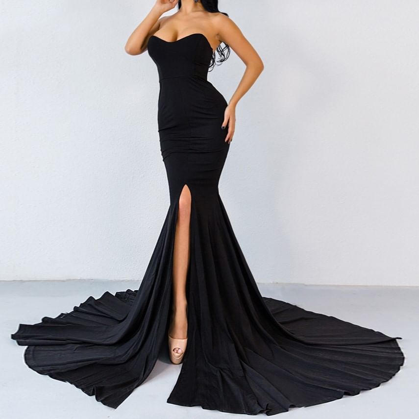 Plain Slit Evening Mermaid Trained Sweetheart Gown Strapless Neckline