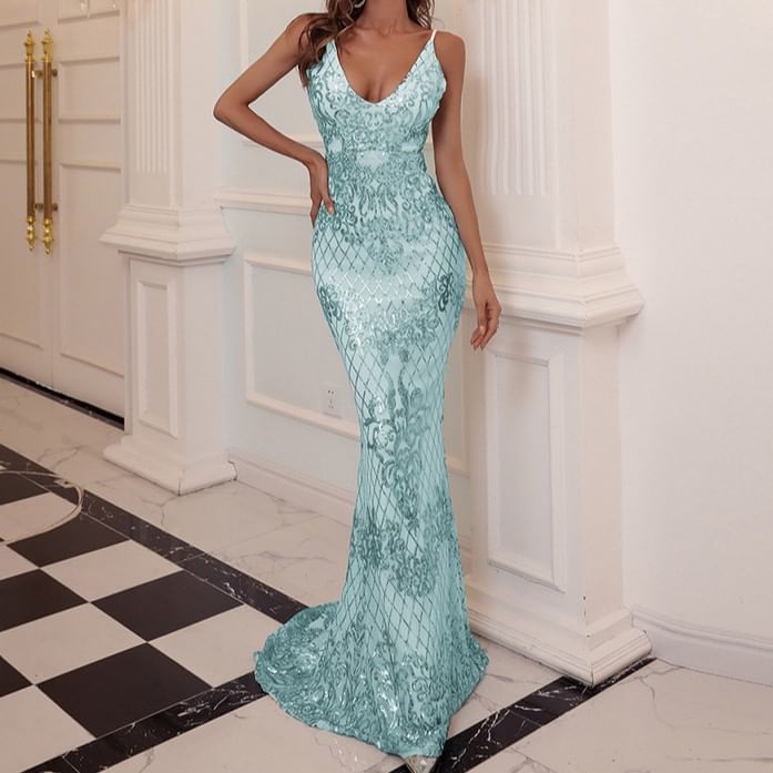 Spaghetti Mermaid Gown Strap Evening Patterned V-Neck Sequin