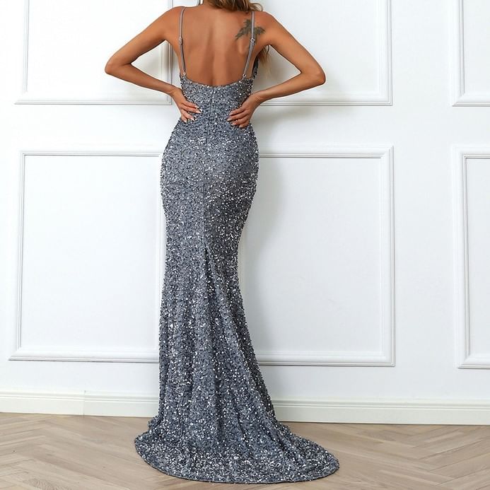 V-Neck Strap Slit Mermaid Back Gown Trained Open Sequin Evening Spaghetti