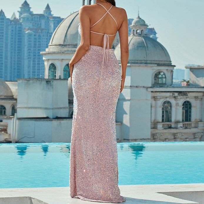 Halter Sequin Gown Back Plunge V-Neck Open Evening Slit Bodycon