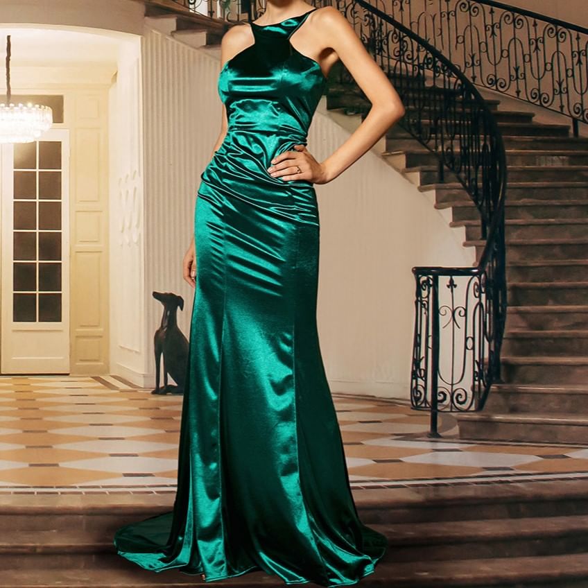 Neck Back Open Gown Mermaid Evening Halter Trained Plain