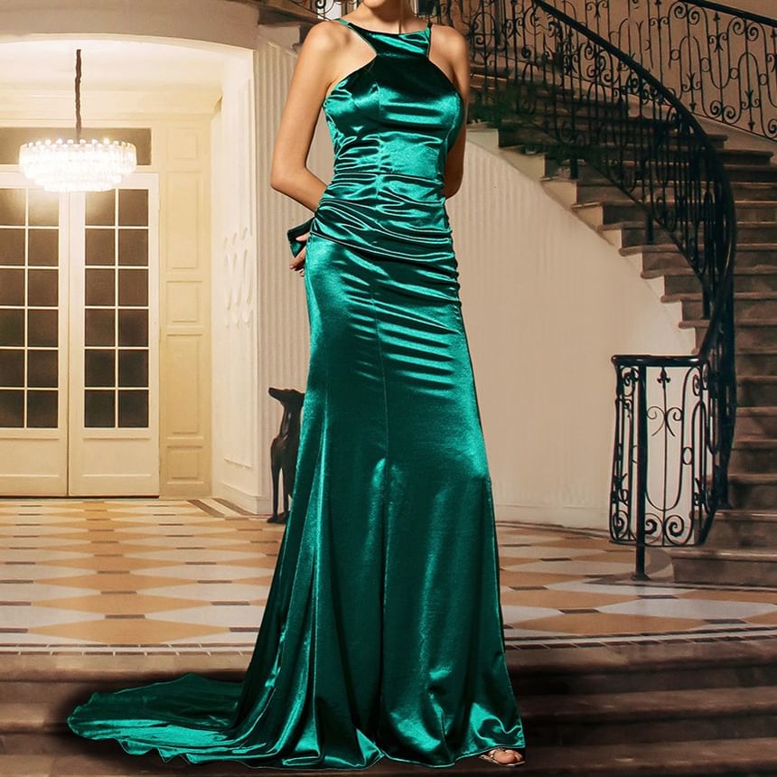 Neck Back Open Gown Mermaid Evening Halter Trained Plain