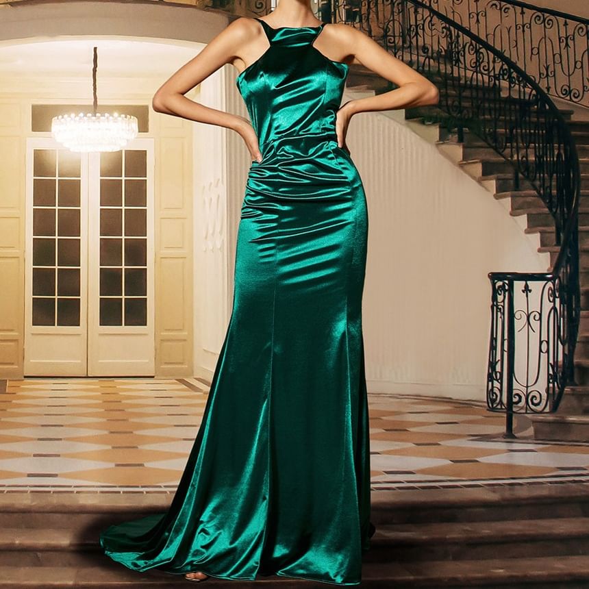 Neck Back Open Gown Mermaid Evening Halter Trained Plain