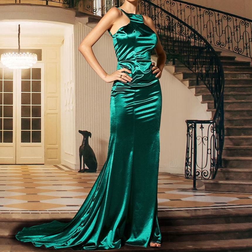 Neck Back Open Gown Mermaid Evening Halter Trained Plain