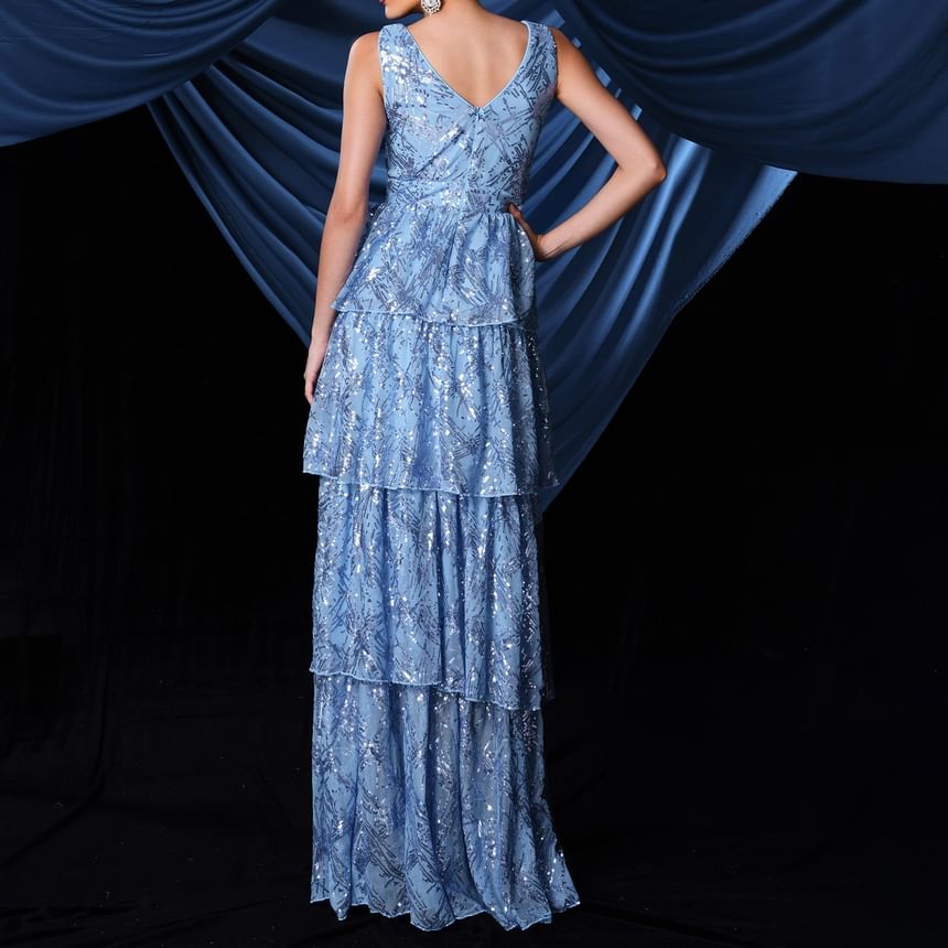 Gown V-Neck Evening Plunge Sequin Sleeveless A-Line Tiered