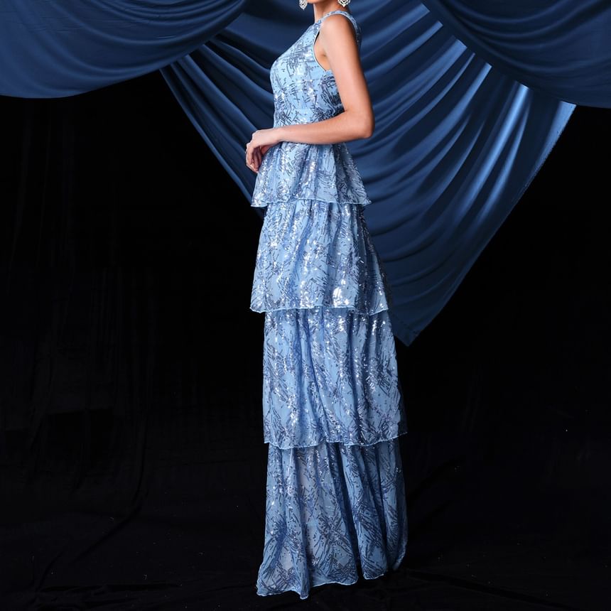 Gown V-Neck Evening Plunge Sequin Sleeveless A-Line Tiered