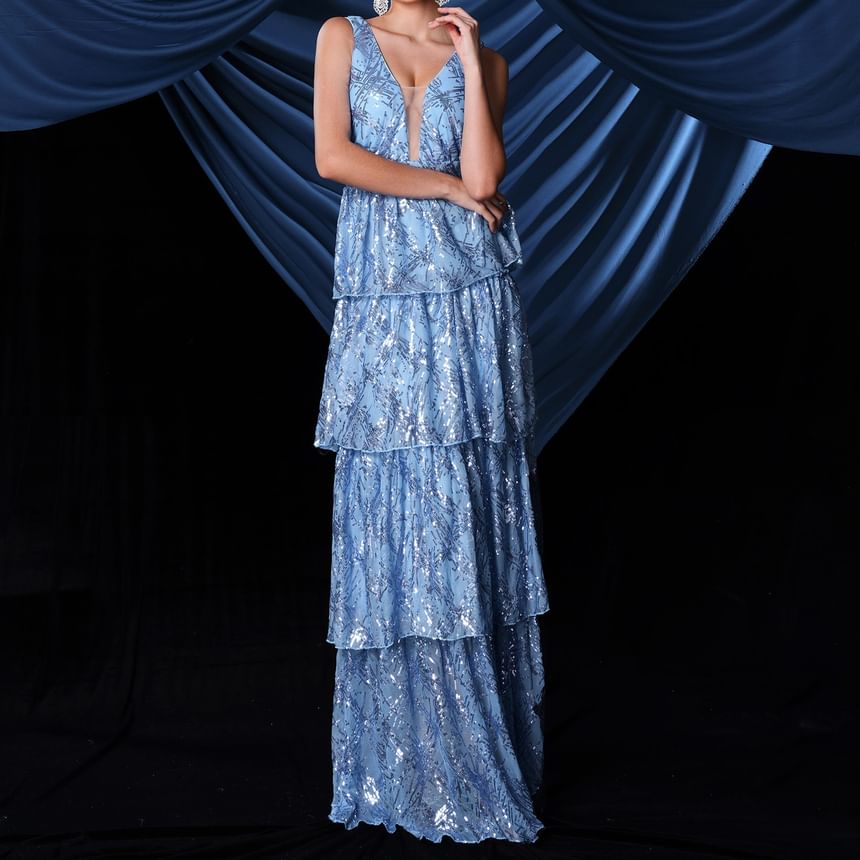 Gown V-Neck Evening Plunge Sequin Sleeveless A-Line Tiered
