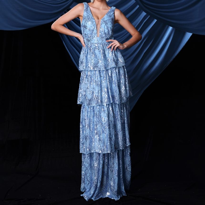 Gown V-Neck Evening Plunge Sequin Sleeveless A-Line Tiered