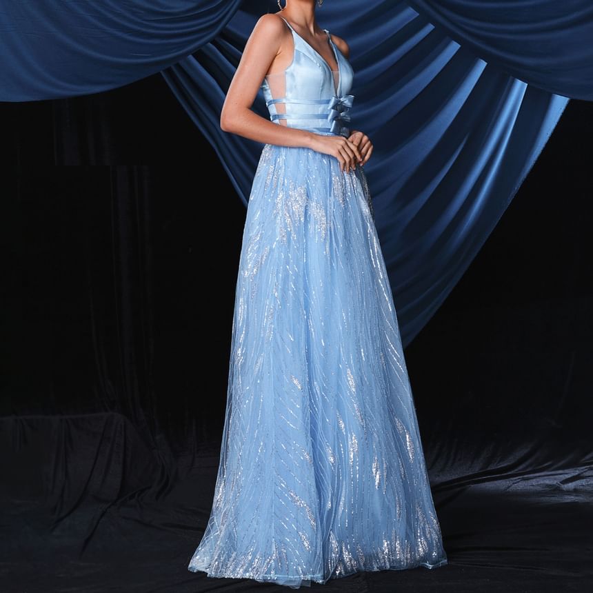 Gown Bow Mesh A-Line V-Neck Spaghetti Open Evening Strap Back Accent Sequin