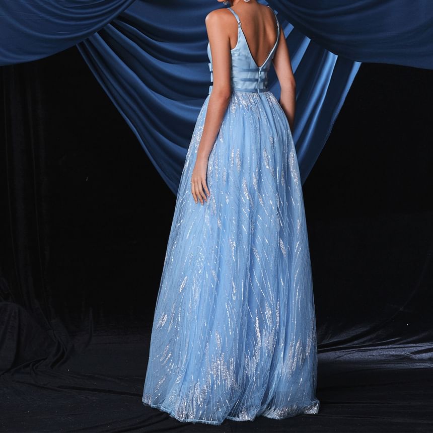 Gown Bow Mesh A-Line V-Neck Spaghetti Open Evening Strap Back Accent Sequin