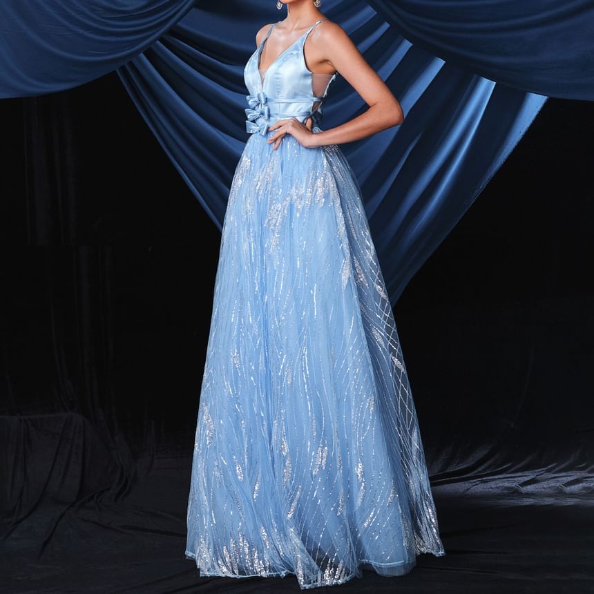 Gown Bow Mesh A-Line V-Neck Spaghetti Open Evening Strap Back Accent Sequin