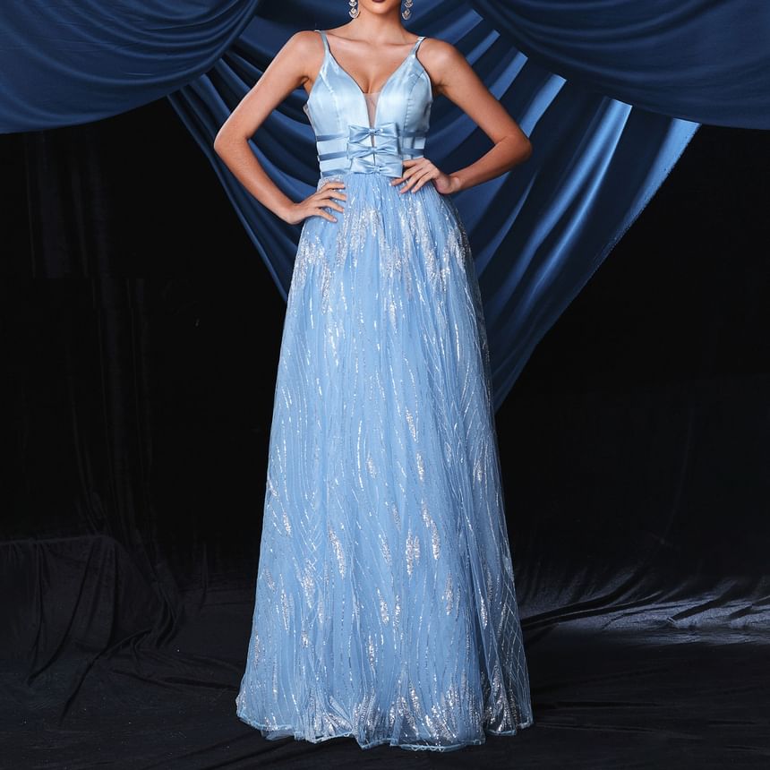Gown Bow Mesh A-Line V-Neck Spaghetti Open Evening Strap Back Accent Sequin