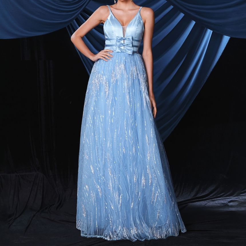 Gown Bow Mesh A-Line V-Neck Spaghetti Open Evening Strap Back Accent Sequin