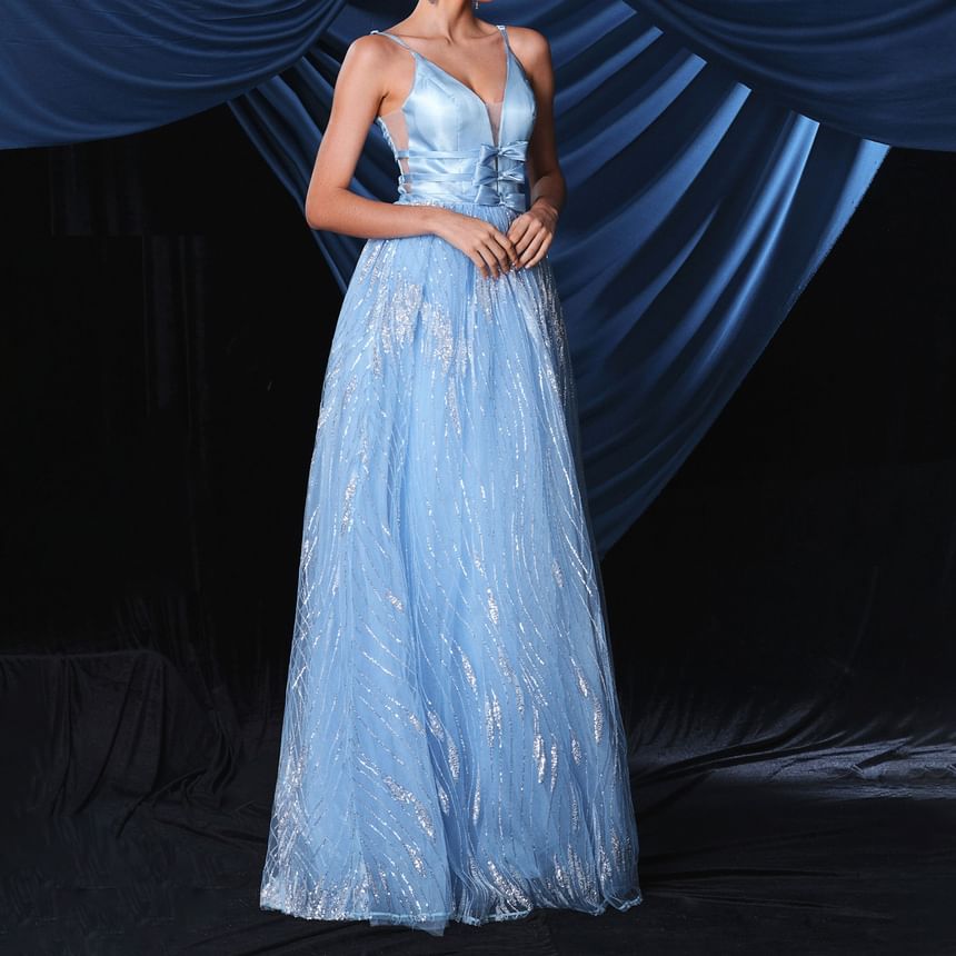 Gown Bow Mesh A-Line V-Neck Spaghetti Open Evening Strap Back Accent Sequin