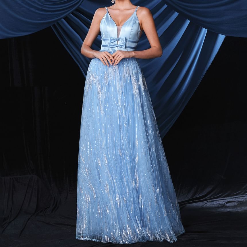 Gown Bow Mesh A-Line V-Neck Spaghetti Open Evening Strap Back Accent Sequin